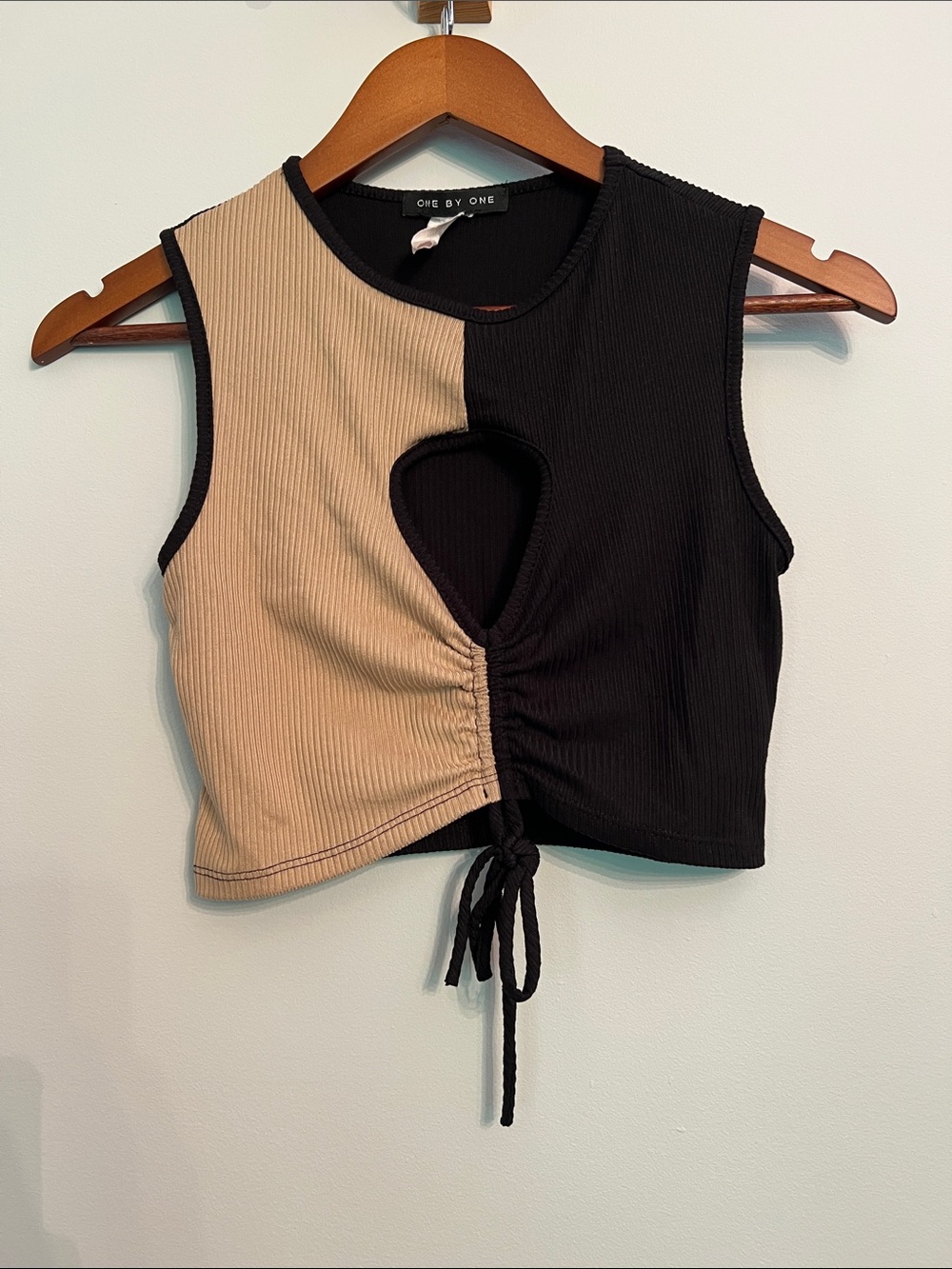 Two-Tone Black & Beige Ruched Crop Top with Key Hole
